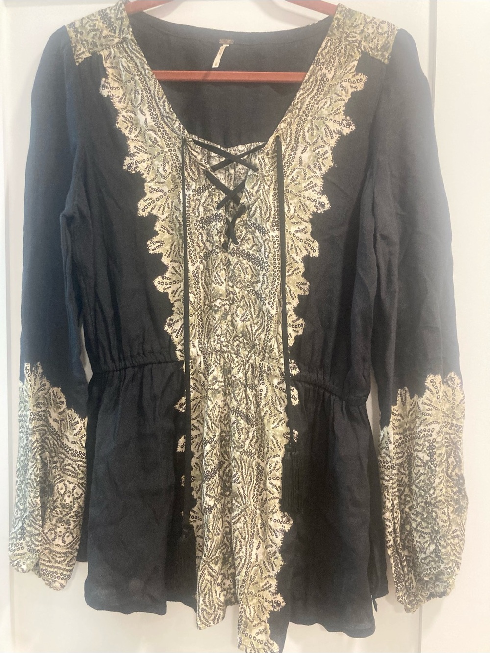 Vintage Free People Black & Cream Tunic w/ Lace-Up V-Neck & Embroidered Accents